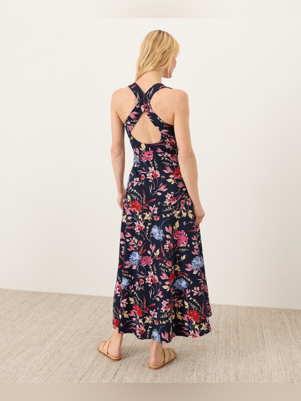 Pact/NWT Navy Floral Cross-Back Maxi Dress Sz. M
